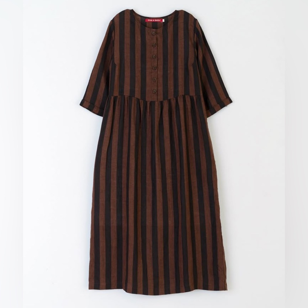 Pyne & Smith No. 14 Cocoa and Black Stripe Linen Dress Size Medium